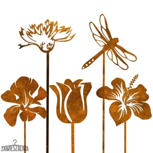 Expositor de Joyería de Jardín – set oxidado de 5 adornos con libélula de acero XXL 99 cm
