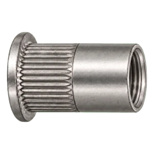 Tuerca remachable de acero inoxidable A4 M12×23 mm – cabeza plana, cuerpo moleteado – caja de 250 uds.