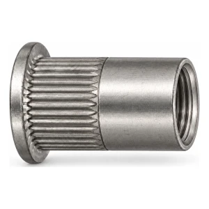 Tuerca remachable de acero inoxidable A4 M8×16 mm – cabeza plana, cuerpo moleteado – caja de 250 uds.