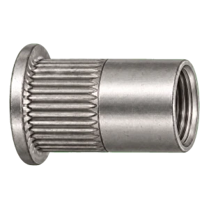 Tuerca remachable de acero inoxidable A4 M10×22 mm – cabeza plana, cuerpo moleteado – caja de 250 uds.