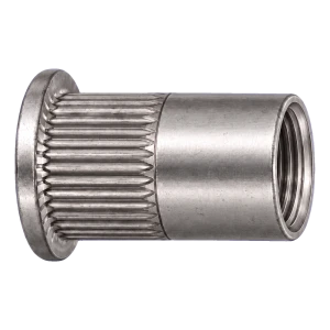 Tuerca remachable de acero inoxidable A4 M6×14,5 mm – cabeza plana, cuerpo moleteado – caja de 250 uds.