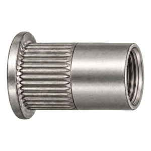 Tuerca remachable de acero inoxidable A2 M8×18,5 mm – cabeza plana, cuerpo moleteado – caja de 250 uds.
