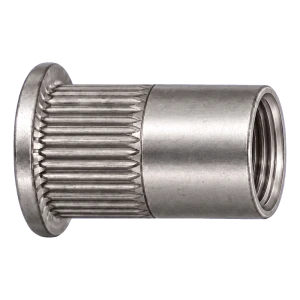 Tuerca remachable de acero inoxidable A2 M6×16 mm – cabeza plana, cuerpo moleteado – caja de 250 uds.
