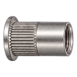 Tuerca remachable de acero inoxidable A2 M6×14,5 mm – cabeza plana, cuerpo moleteado – caja de 250 uds.