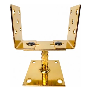 Soporte de poste regulable con placa (con chapa) 0–125 mm – chapa de 3 mm, galvanizado dorado