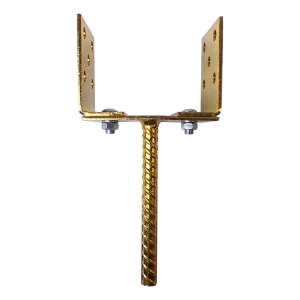 Soporte de poste regulable con varilla 0–165 mm – varilla de 190 mm, chapa de 4 mm, zincado dorado