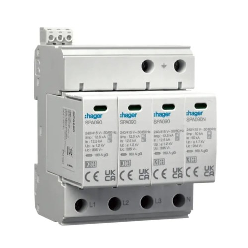 Limitador de sobretensiones Tipo 1+2 (B+C) 4P 50kA 1,2kV SPD MOV red TN-S/TT contacto SPA931 HAGER GPV-401-101