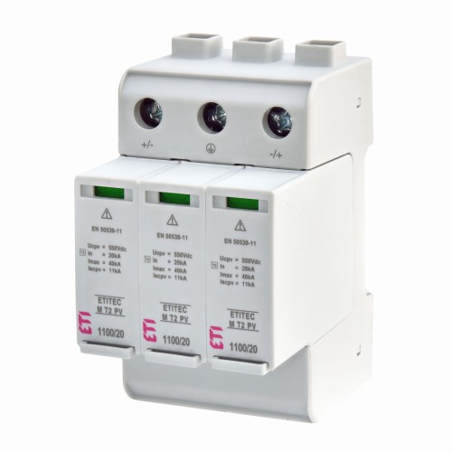 Limitador de sobretensión PV DC Tipo 2 (C) 1100V 3P 20kA 3,8kV ETITEC M T2 PV 1100/20 Y 002440515 ETI GPV-401-135