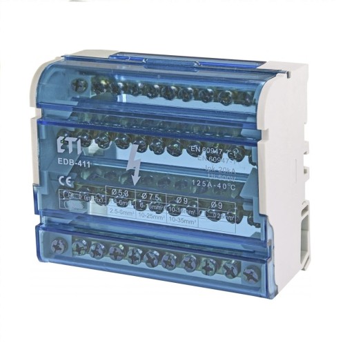 Bloque de distribución 4 polos 125A 11 terminales TH35 EDB-411 001102304 ETI GPV-401-182