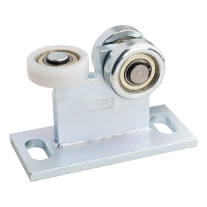 Carro rodante 70 para puerta colgante 2 ruedas de acero y 1 de plástico - base ancha