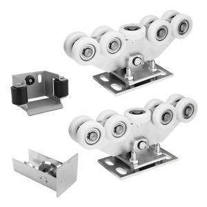 Paquete de carros para puerta corredera: 2× carro (9 rodillos, plástico) + accesorios