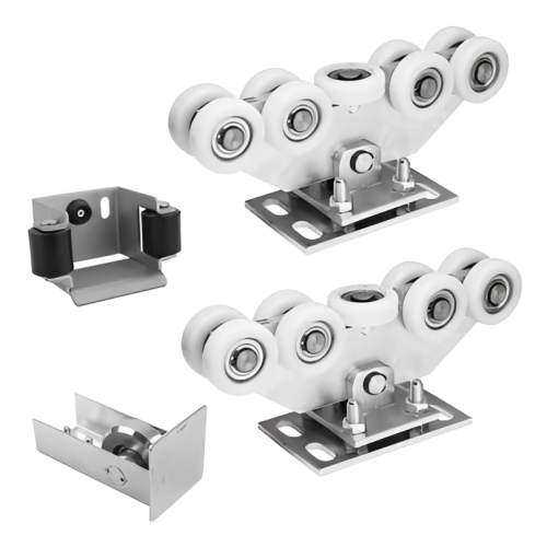 Paquete de carros para puerta corredera: 2× carro (9 rodillos, plástico) + accesorios 000-252 (1)