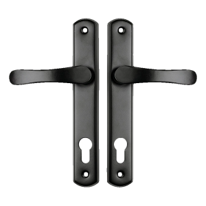 Manilla de puerta YALE con placa Biszkopt negra – distancia entre ejes 90 mm