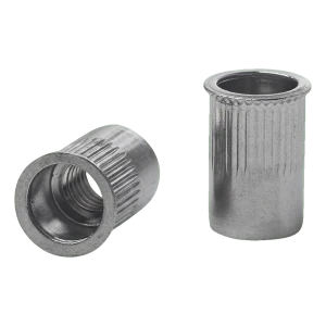 Tuerca remachable pasante M8 A2 – brida cónica reducida, moleteada, AISI 304