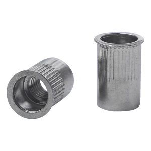 Remache roscado pasante M10 A2 – brida cónica reducida, moleteado, AISI 304