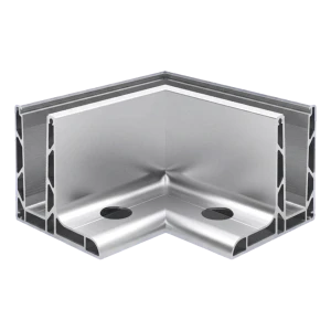 Kozza KE 105 – perfil L esquinero 90° para barandillas de cristal completo, exterior, fijación longitudinal desde arriba